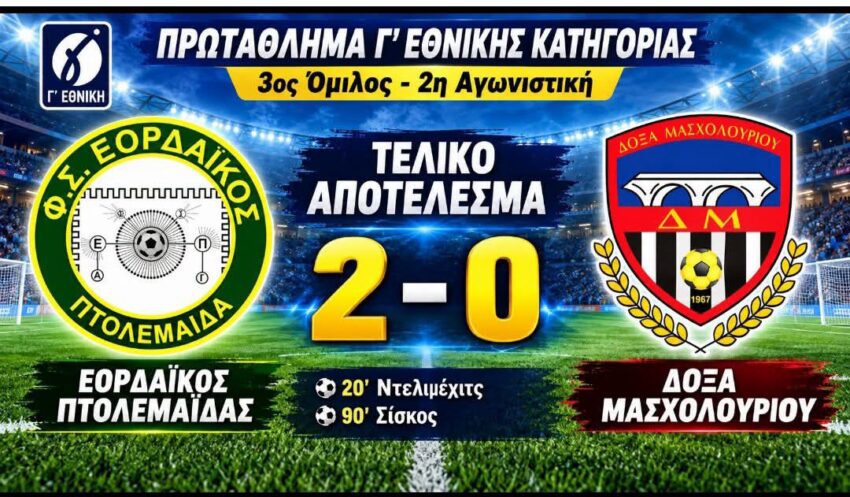 Γ’ Εθνική: Εορδαϊκός Πτολεμαΐδας – Δόξα Μασχολουρίου 2-0