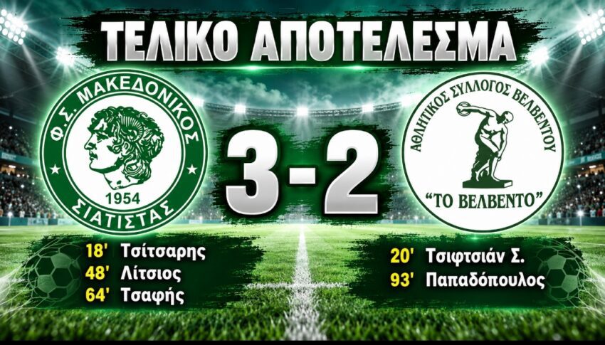 B’ΕΠΣ Κοζάνης: Μακεδονικός Σιάτιστας Β’- ΑΣ Βελβεντό 3-2